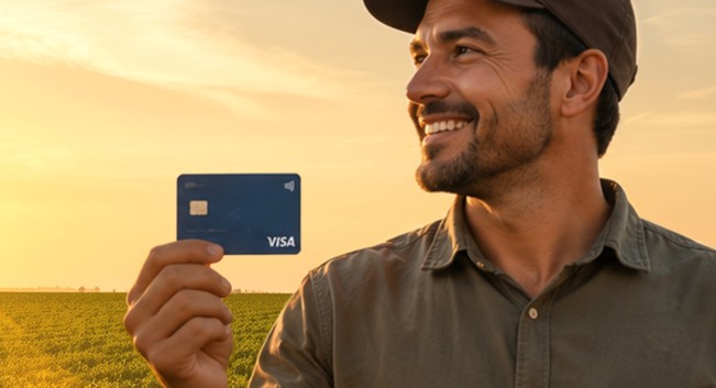 Cliente segurando o cartão SISCapital no campo
